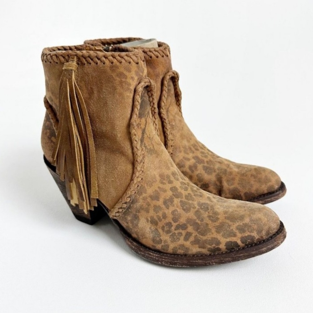 OLD GRINGO Adela Cowboy Boots 6.5 Leopard Cheetah Leather Tassel Fringe Ankle.